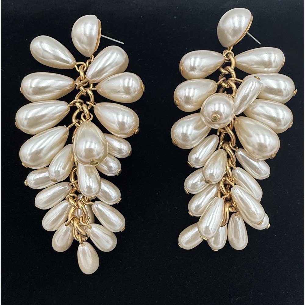 Vintage Napier Faux Pearl Cluster  Dangle Teardrop Statement Pierced Earrings